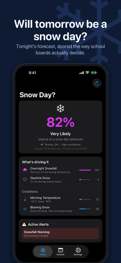 Will tomorrow be a snow day? The Today screen of Snow Day