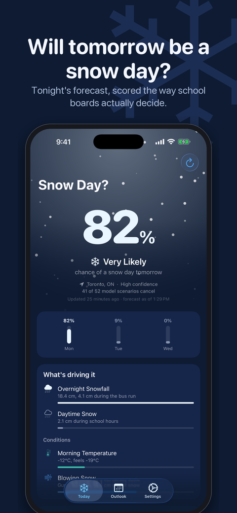Will tomorrow be a snow day? The Today screen of Snow Day