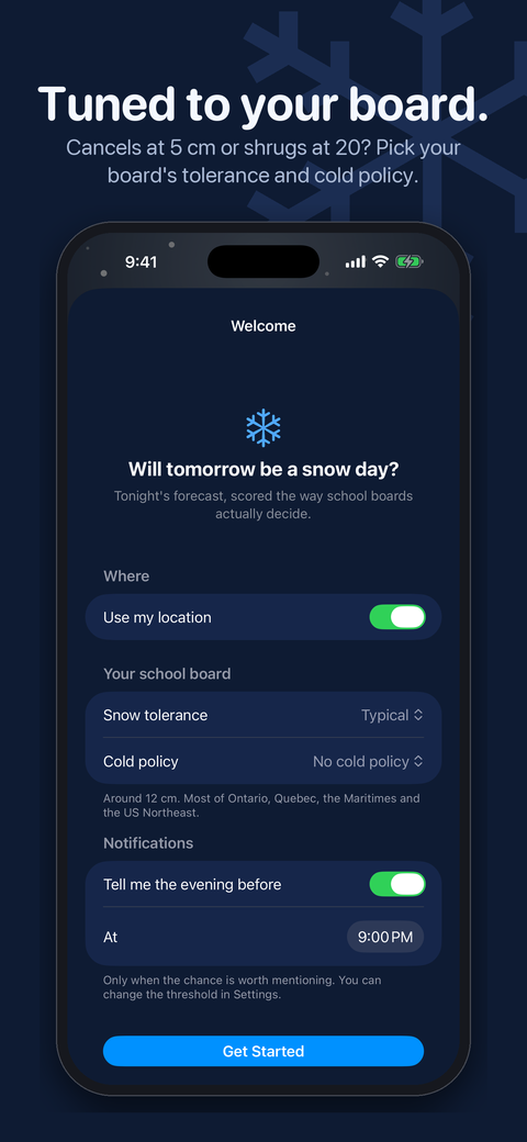 Tuned to your board: the onboarding screen with snow tolerance and cold policy